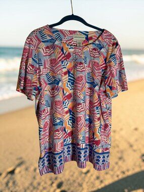 Alfred Dunner Pink, blue, & white Beachy SS Tunic Top Sz L